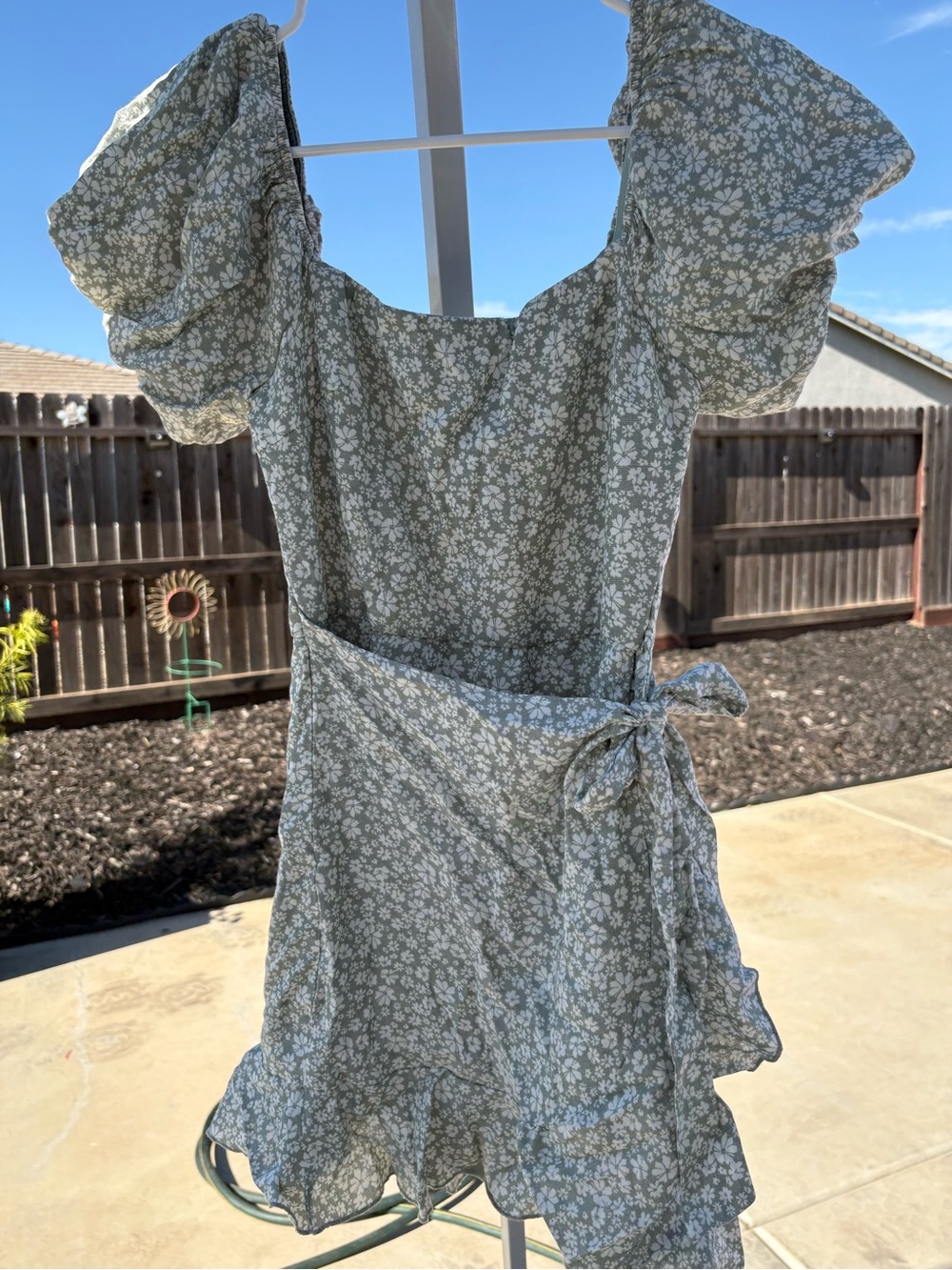 Trixxi Sage Green Floral Puff-Sleeve Wrap Mini Dress